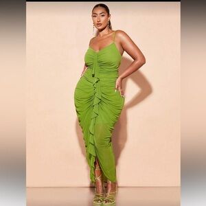 SHEIN BAE Women's Plus Size Green Bodycon Dress With Ruched Details Front Ruffle